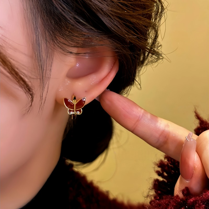 14K Gold-Plated Red Oil Drop Butterfly Hoop Earrings
