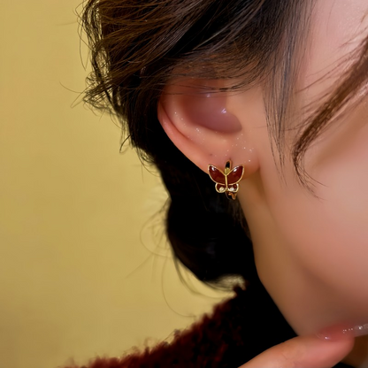 14K Gold-Plated Red Oil Drop Butterfly Hoop Earrings