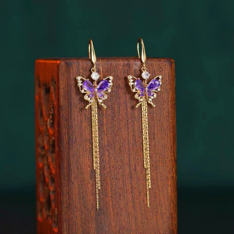 14K Gold-Plated Zircon Butterfly Tassel Earrings