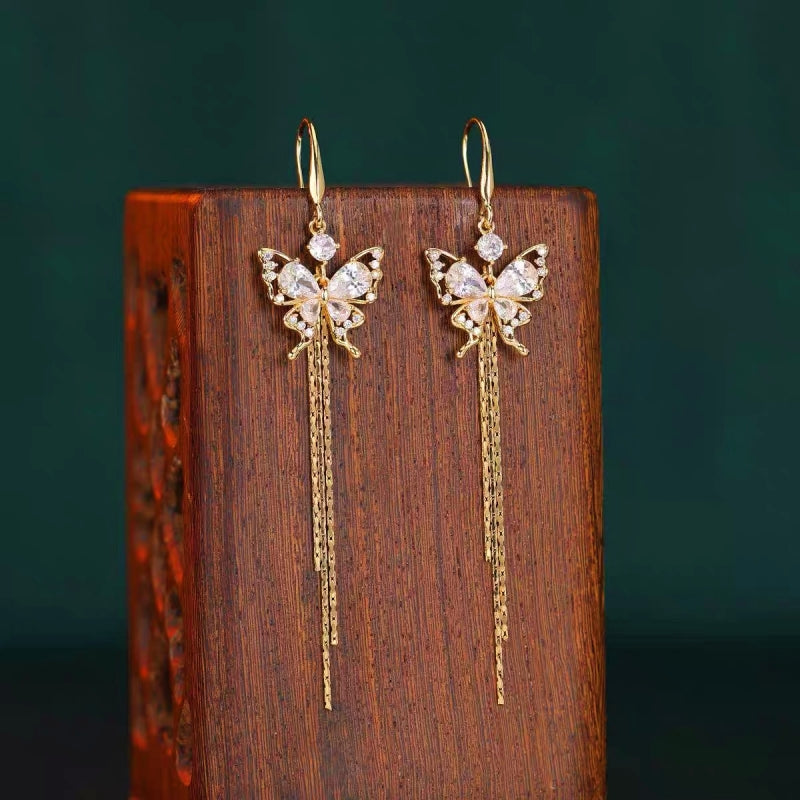 14K Gold-Plated Zircon Butterfly Tassel Earrings