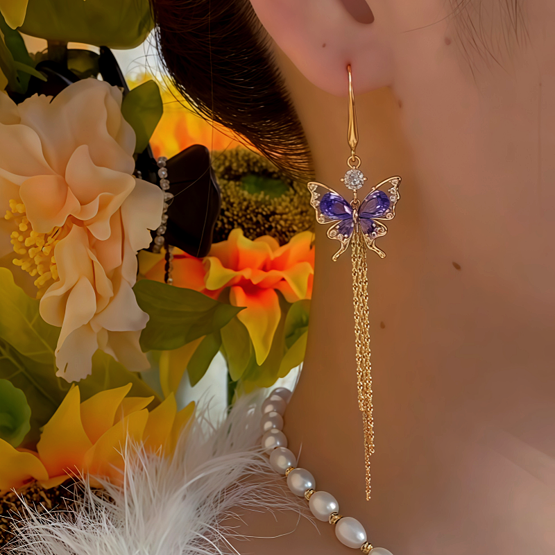 14K Gold-Plated Zircon Butterfly Tassel Earrings