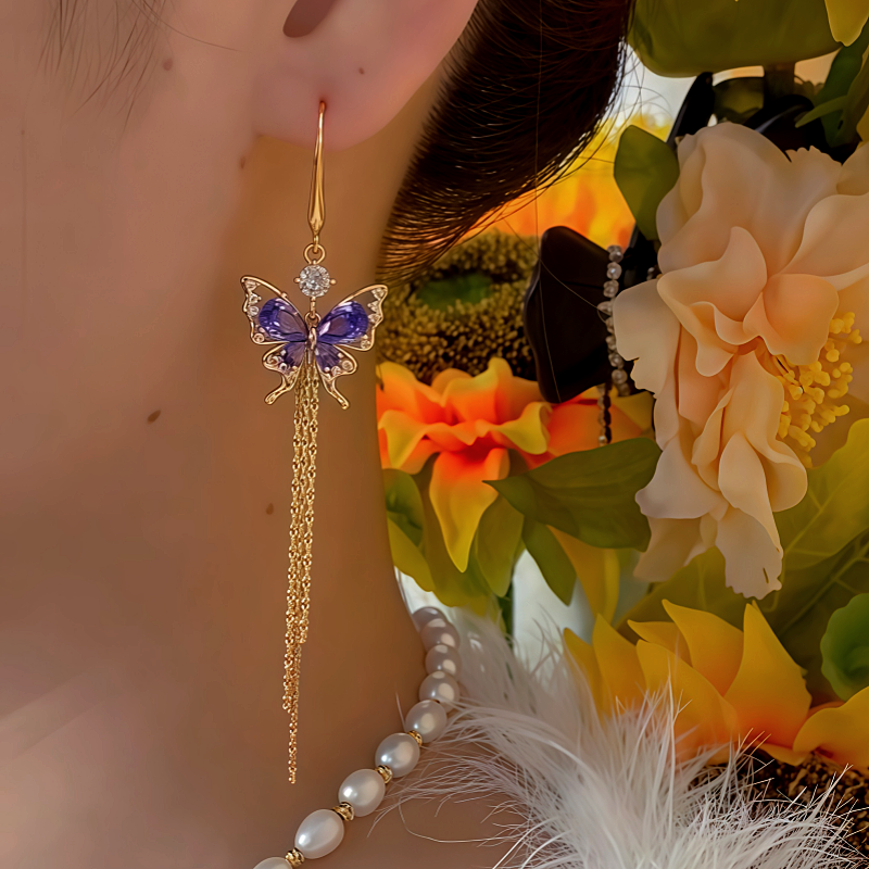 14K Gold-Plated Zircon Butterfly Tassel Earrings