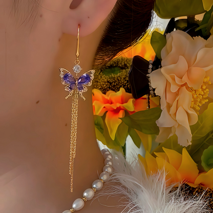 14K Gold-Plated Zircon Butterfly Tassel Earrings