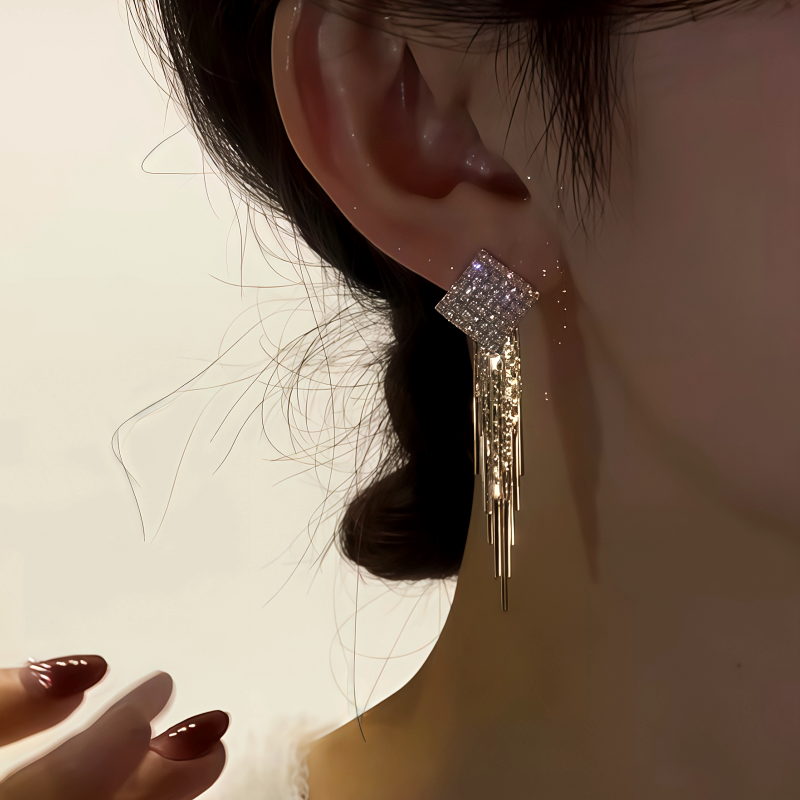 14K Gold-Plated Zircon Diamond Tassel Earrings