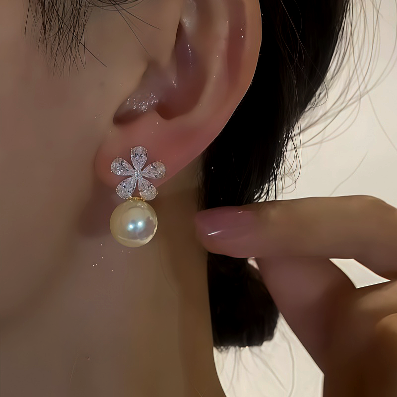 14K Gold-Plated Zircon Flower Pearl Earrings