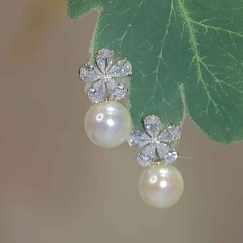 14K Gold-Plated Zircon Flower Pearl Earrings