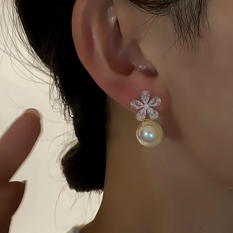 14K Gold-Plated Zircon Flower Pearl Earrings
