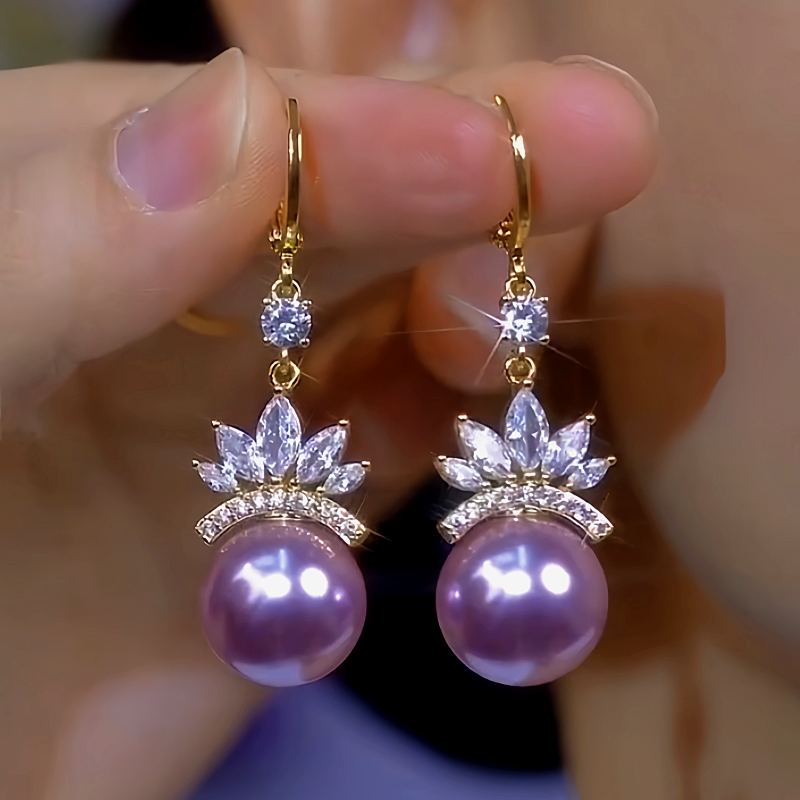 14K Gold-Plated Zircon Flower Purple Pearl Earrings