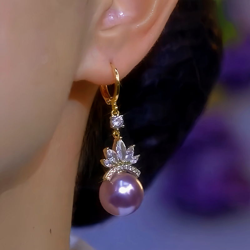 14K Gold-Plated Zircon Flower Purple Pearl Earrings
