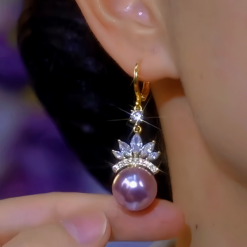 14K Gold-Plated Zircon Flower Purple Pearl Earrings