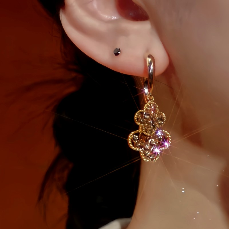 14K Gold-Plated Zircon Four-Leaf Flower Earrings