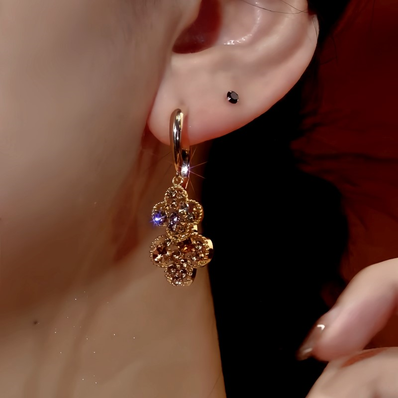 14K Gold-Plated Zircon Four-Leaf Flower Earrings