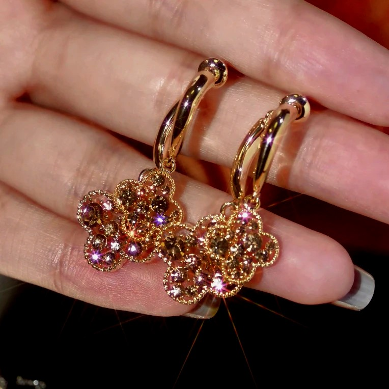 14K Gold-Plated Zircon Four-Leaf Flower Earrings