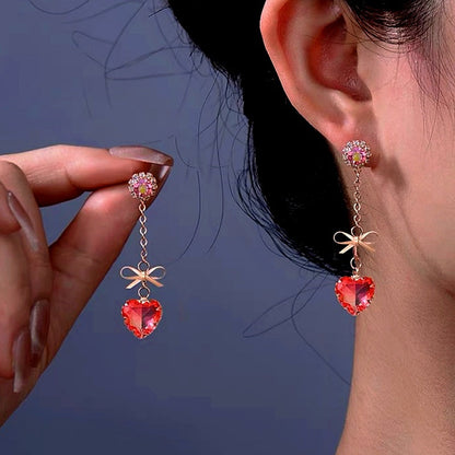 14K Gold-Plated Zircon Pink Bow Tassel Heart-Shaped Earrings
