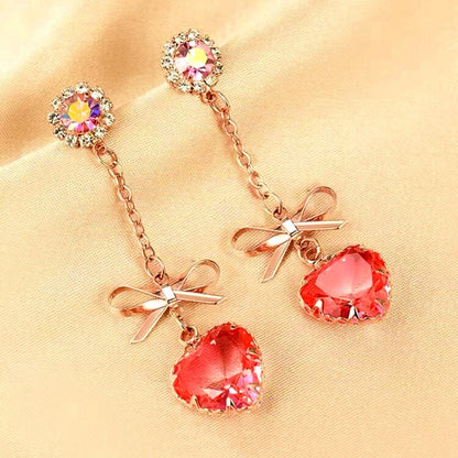 14K Gold-Plated Zircon Pink Bow Tassel Heart-Shaped Earrings