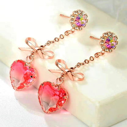 14K Gold-Plated Zircon Pink Bow Tassel Heart-Shaped Earrings