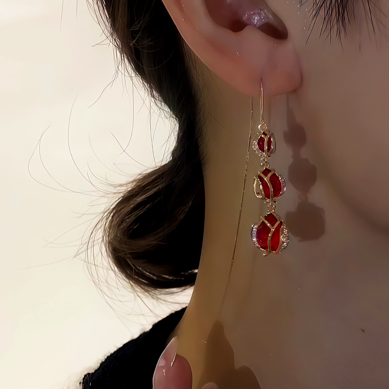 14K Gold-Plated Zircon Red Crystal Tulip Flower Threader Earrings