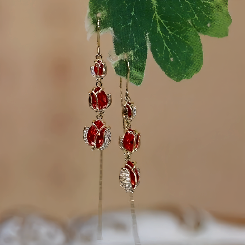 14K Gold-Plated Zircon Red Crystal Tulip Flower Threader Earrings