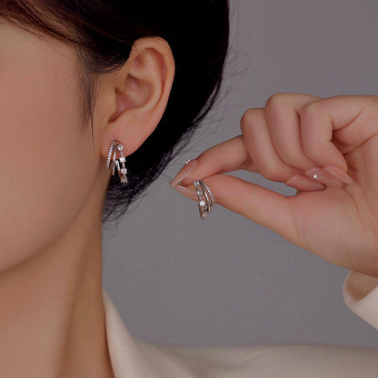 14K Gold-Plated Zircon Three-Layer Earrings
