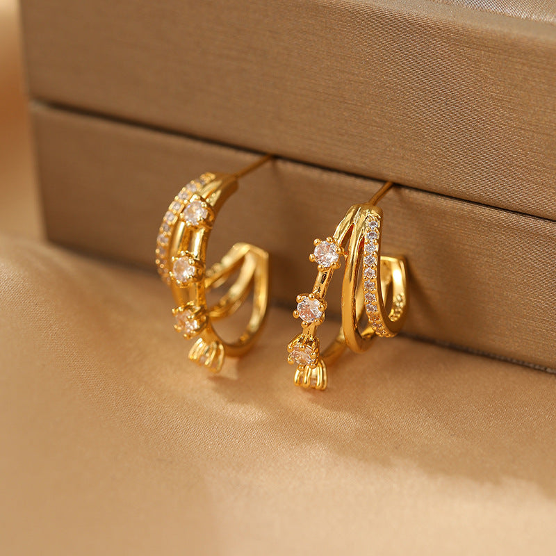 14K Gold-Plated Zircon Three-Layer Earrings