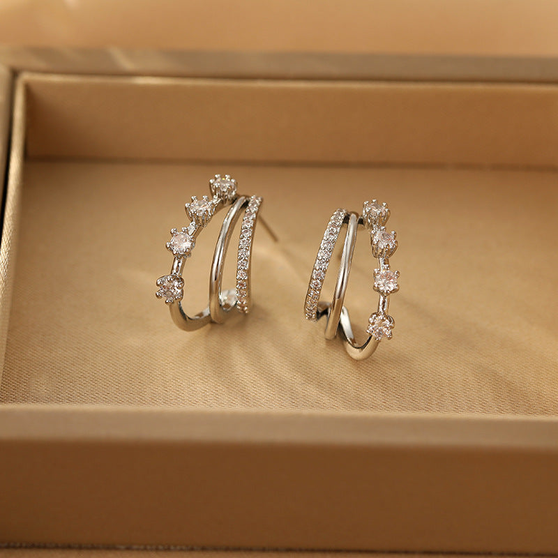 14K Gold-Plated Zircon Three-Layer Earrings