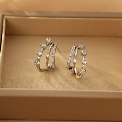 14K Gold-Plated Zircon Three-Layer Earrings