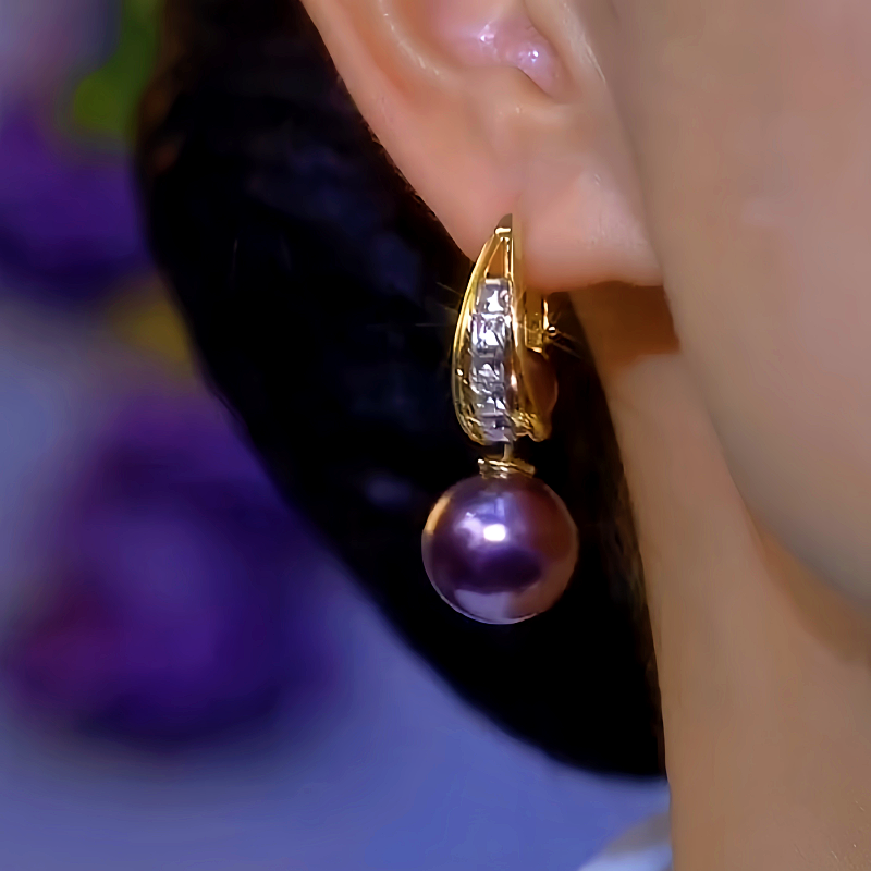 14K Gold-Plated Zircon Two-Piece Purple Pearl Earrings