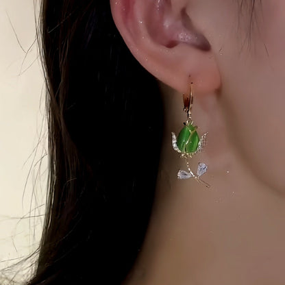 14K Gold-plated Diamond Green Tulip Earrings