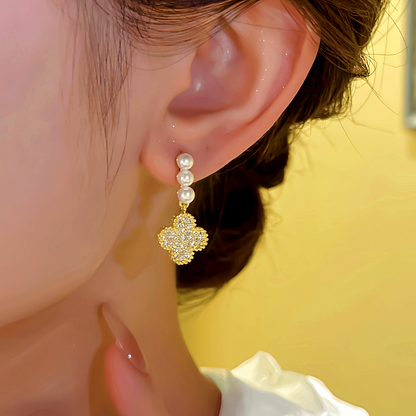 14K Gold-plated Elegant Zircon Four-Leaf Flower Pearl Earrings