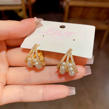 14K Gold-plated Elegant Zircon Pearl Earrings