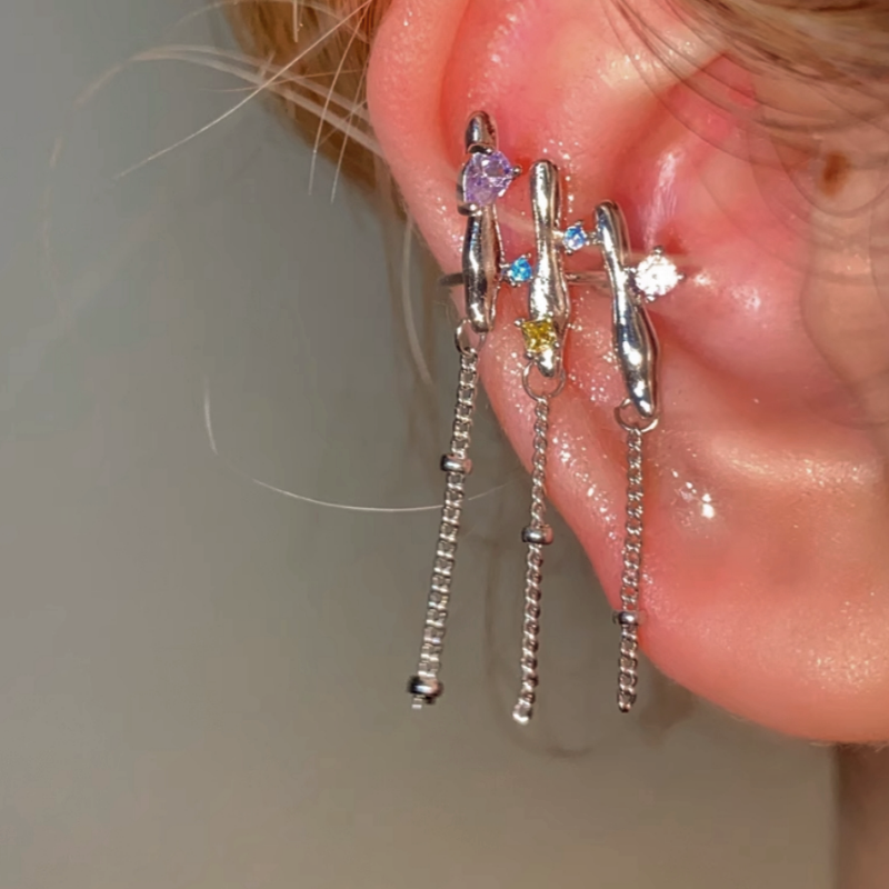14K Gold-plated Ultra-Fairy Colored Diamond Tassel Ear Cuffs