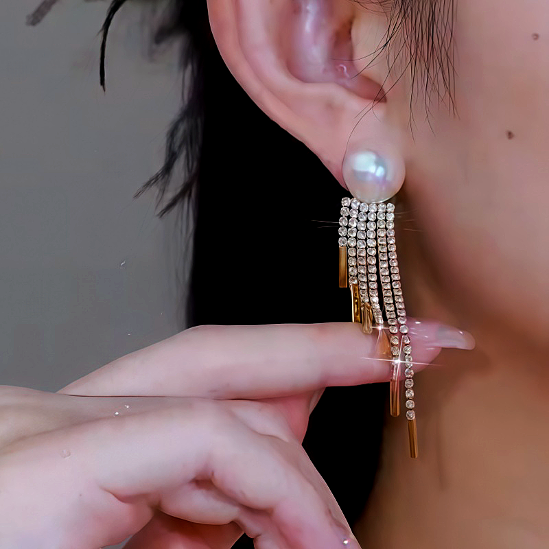 14K Gold Plated Diamond Pearl Tassel Earrings