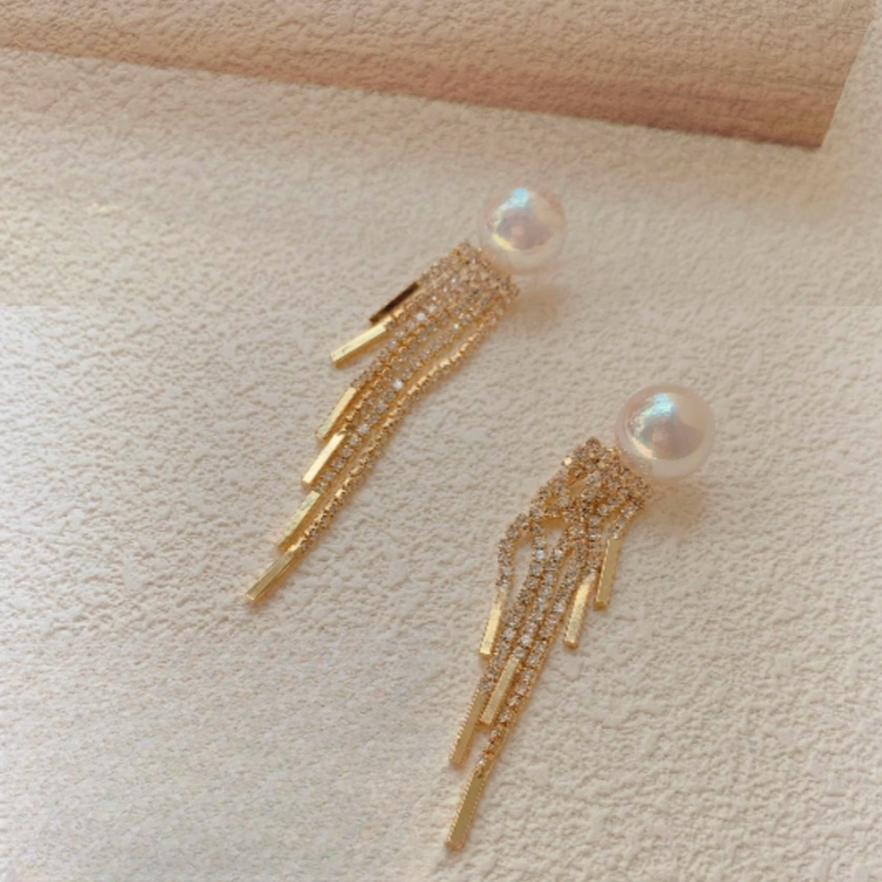 14K Gold Plated Diamond Pearl Tassel Earrings