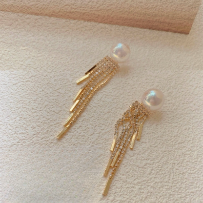 14K Gold Plated Diamond Pearl Tassel Earrings