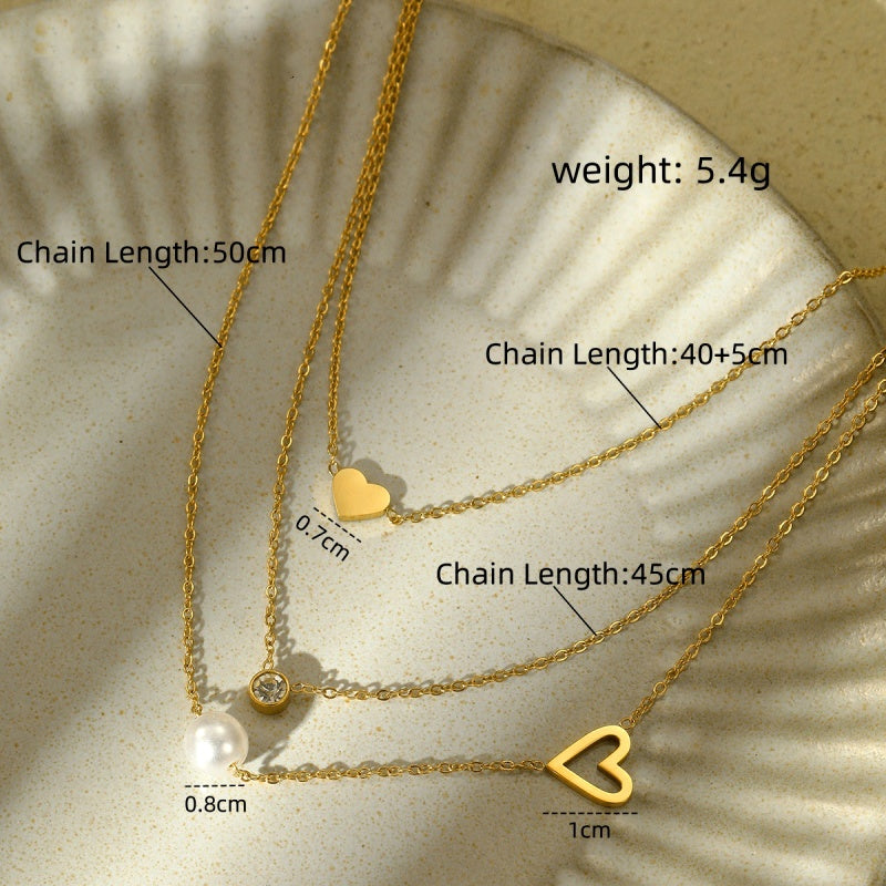 18K Gold-Plated Three-Layer Zircon Heart Pearl Necklaces