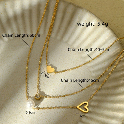 18K Gold-Plated Three-Layer Zircon Heart Pearl Necklaces