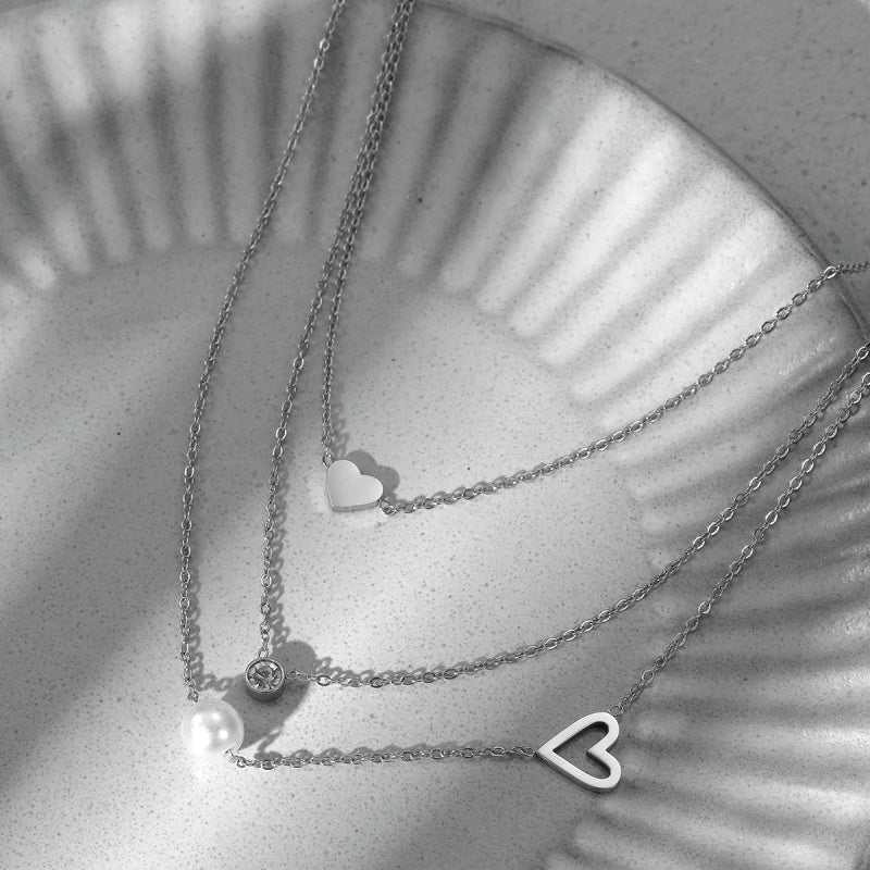 18K Gold-Plated Three-Layer Zircon Heart Pearl Necklaces