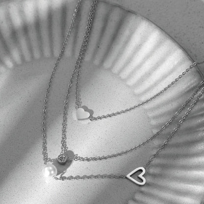 18K Gold-Plated Three-Layer Zircon Heart Pearl Necklaces