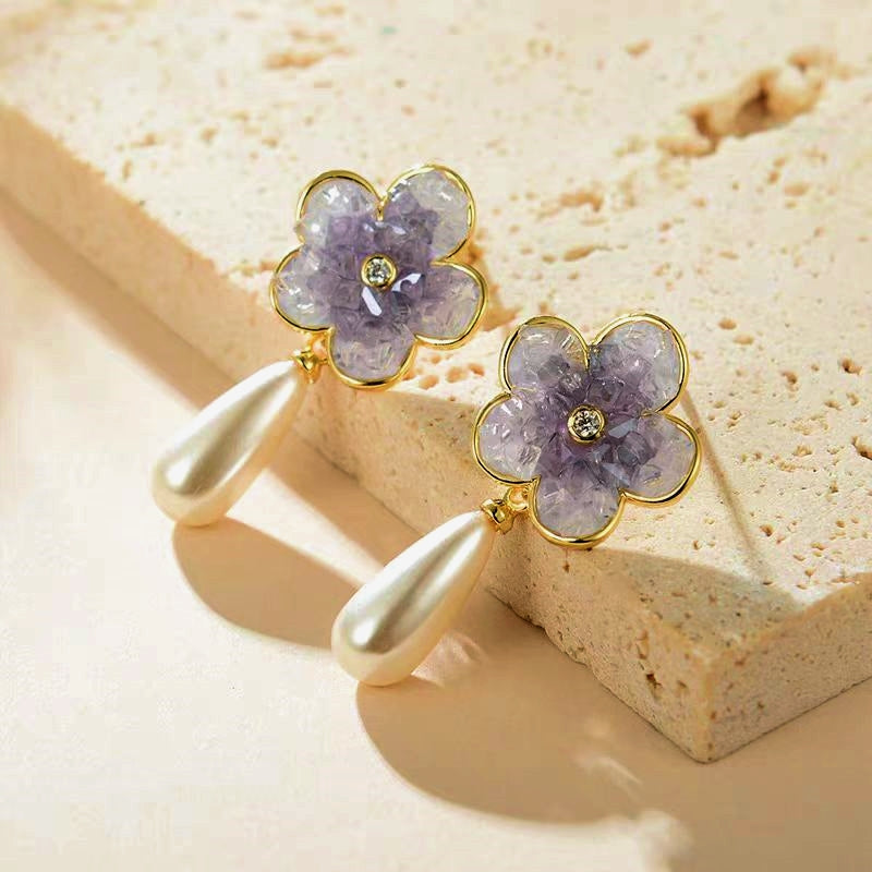 18K Gold-plated Purple Flower Pearl Earrings