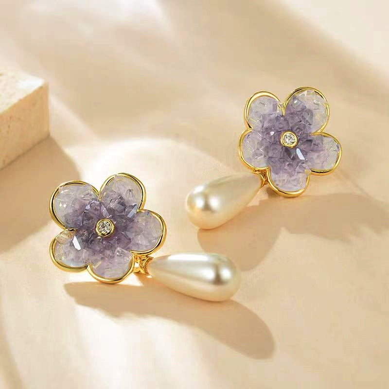 18K Gold-plated Purple Flower Pearl Earrings