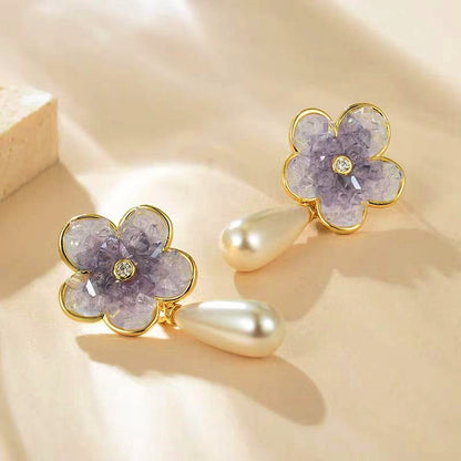 18K Gold-plated Purple Flower Pearl Earrings