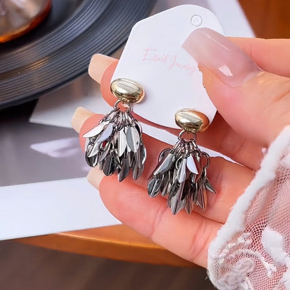 Silver Post Leaf Tassel Earrings