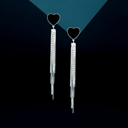 Sterling Silver Black Heart Tassel Earrings