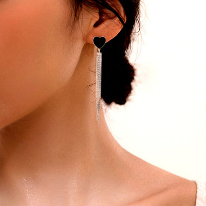 Sterling Silver Black Heart Tassel Earrings