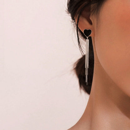 Sterling Silver Black Heart Tassel Earrings