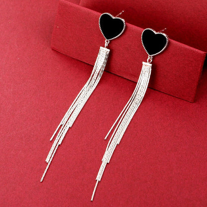 Sterling Silver Black Heart Tassel Earrings