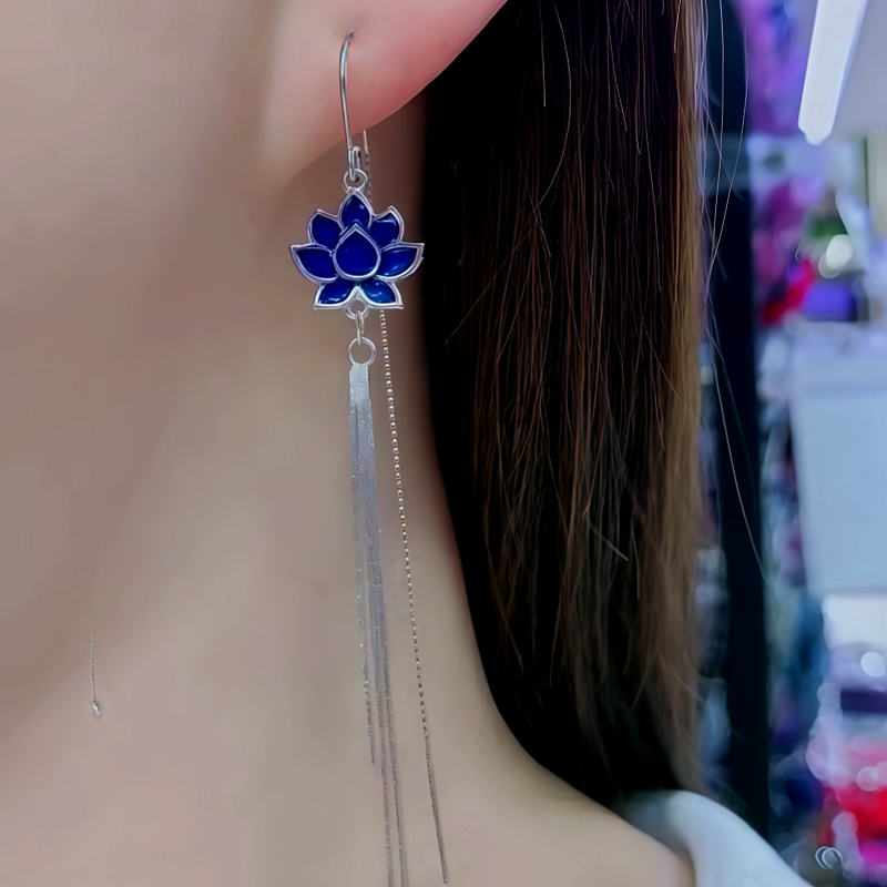 Sterling Silver Blue Lotus Tassel Threader Earrings