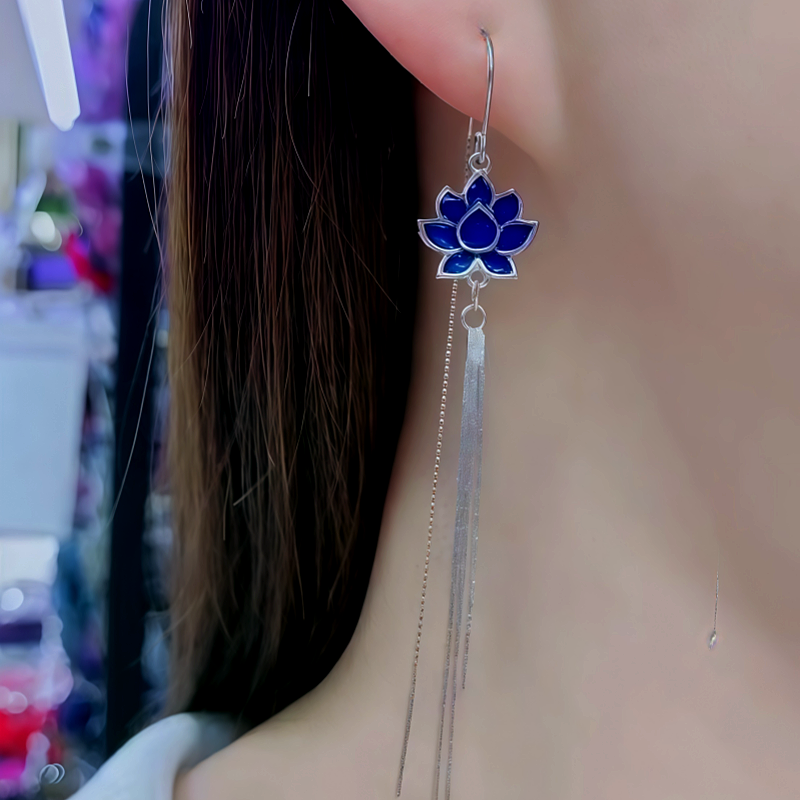 Sterling Silver Blue Lotus Tassel Threader Earrings
