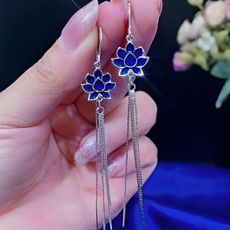 Sterling Silver Blue Lotus Tassel Threader Earrings