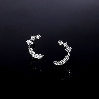 Sterling Silver Diamond Feather Stud Earrings